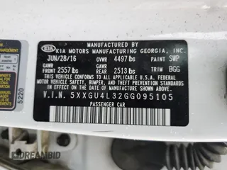 2016 Kia Optima EX с VIN 5XXGU4L32GG095105, выставлен на аукционе Copart как лот 56227925 с пробегом 116 037 миль миль и Списание • Salvage title. История ставок и продаж доступна на DreamBid. Изображение 12.