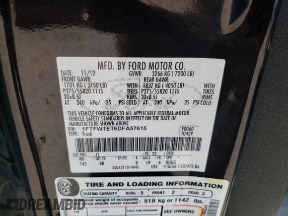 2013 Ford F-150 XL with VIN 1FTFW1ET6DFA57615, listed as a Copart auction lot 59382075 with 226,879 mi miles and Salvage title. Bid and sale history available at DreamBid. Image 12.