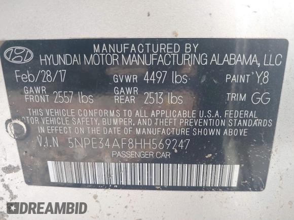 2017 Hyundai Sonata Sport with VIN 5NPE34AF8HH569247, listed as a IAAI auction lot 41494824 with 98,066 mi miles and . Bid and sale history available at DreamBid. Image 9.
