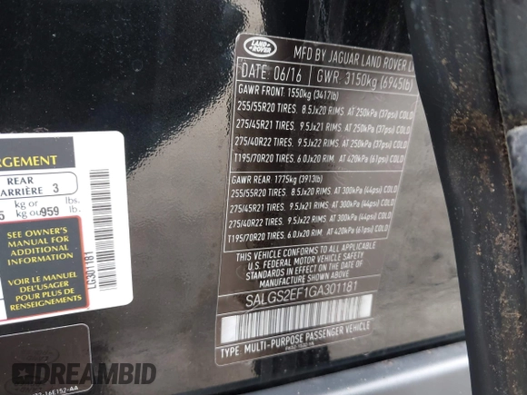 2016 Land Rover Range Rover Supercharged с VIN SALGS2EF1GA301181, выставлен на аукционе IAAI как лот 41860919 с пробегом 107 279 миль миль и . История ставок и продаж доступна на DreamBid. Изображение 9.