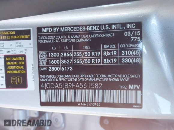 2015 Mercedes-Benz M 350 with VIN 4JGDA5JB9FA561582, listed as a IAAI auction lot 41687386 with 96,784 mi miles and . Bid and sale history available at DreamBid. Image 9.