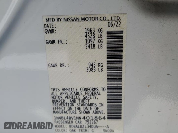2022 Nissan Altima S z VIN 1N4BL4BV1NN401864, wystawiony jako Copart lot #45884835 z przebiegiem 15 164 mil mil oraz Szkoda całkowita • Salvage title. Historia ofert i sprzedaży dostępna na DreamBid. Obrazek 14.