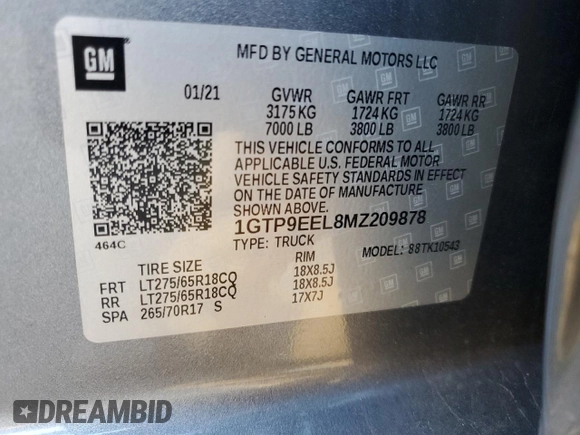 2021 GMC Sierra 1500 AT4 with VIN 1GTP9EEL8MZ209878, listed as a Copart auction lot 43630505 with 61,755 mi miles and Salvage Title. Bid and sale history available at carsss.com. Image 14.