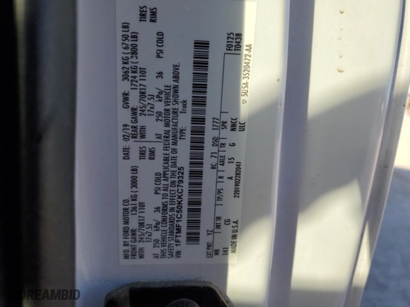 2019 Ford F-150 XL with VIN 1FTMF1C50KKC79325, listed as a Copart auction lot 84731164 with 100,643 mi miles and Salvage Title. Bid and sale history available at carsss.com. Image 12.