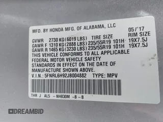 2018 Honda Odyssey Elite with VIN 5FNRL6H92JB004882, listed as a IAAI auction lot 41901028 with 160,889 mi miles and . Bid and sale history available at DreamBid. Image 9.