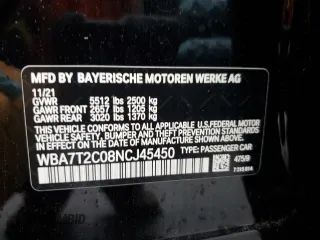 2022 BMW 7 Series 740i with VIN WBA7T2C08NCJ45450, listed as a Copart auction lot 44440605 with 75,297 mi miles and Salvage Title. Bid and sale history available at carsss.com. Image 12.