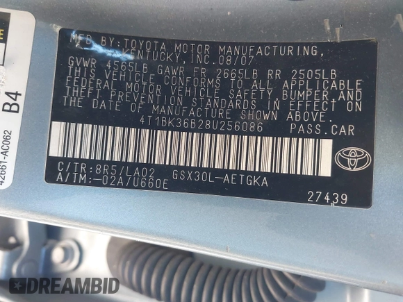 2008 Toyota Avalon XL with VIN 4T1BK36B28U256086, listed as a IAAI auction lot 41639696 with 107,537 mi miles. Bid and sale history available at carsss.com. Image 9.