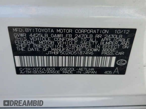 2013 Lexus IS 250 с VIN JTHBF5C2XD5187496, выставлен на аукционе Copart как лот 65403695 с пробегом 157 753 миль миль и Списание • Salvage title. История ставок и продаж доступна на DreamBid. Изображение 13.