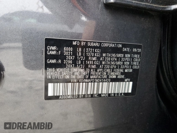 2021 Subaru Ascent Limited with VIN 4S4WMAPD1M3414420, listed as a Copart auction lot 59546195 with 74,192 mi miles and Salvage title. Bid and sale history available at DreamBid. Image 13.