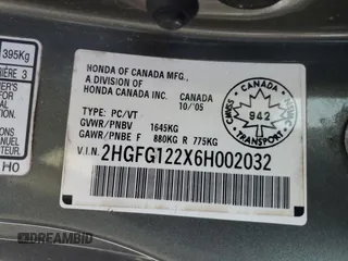 2006 Honda Civic Cpe DX with VIN 2HGFG122X6H002032, listed as a Copart auction lot 88782515 with 177,776 mi miles and Clean Title. Bid and sale history available at carsss.com. Image 12.
