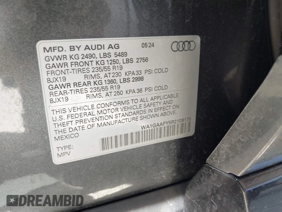 2024 Audi Q5 S line Premium z VIN WA1GAAFY5R2109175, wystawiony jako IAAI lot #41938991 z przebiegiem 7133 mil mil oraz . Historia ofert i sprzedaży dostępna na DreamBid. Obrazek 9.