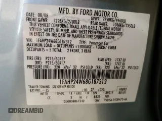 2008 Ford Taurus SEL with VIN 1FAHP24W68G187312, listed as a Copart auction lot 62879765 with 154,706 mi miles and Salvage title. Bid and sale history available at DreamBid. Image 13.