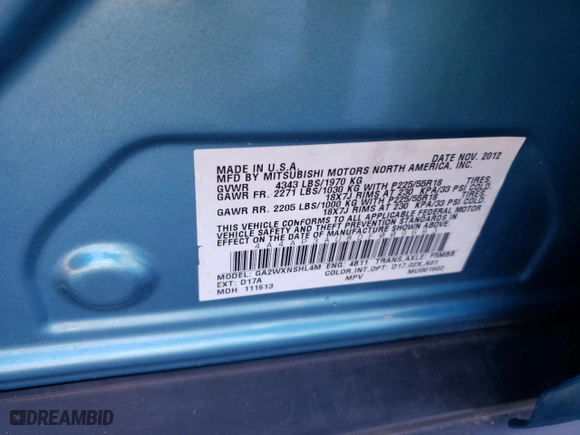 2013 Mitsubishi Outlander Sport ES with VIN 4A4AP3AU8DE009663, listed as a Copart auction lot 42875085 with 137,516 mi miles and Clean Title. Bid and sale history available at carsss.com. Image 12.