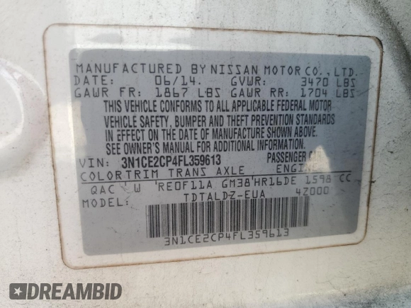 2015 Nissan Note SV with VIN 3N1CE2CP4FL359613, listed as a Copart auction lot 58637945 with Not provided miles and Salvage title. Bid and sale history available at DreamBid. Image 13.