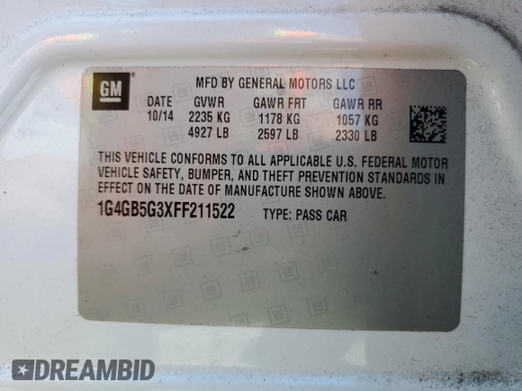 2015 Buick LaCrosse Leather with VIN 1G4GB5G3XFF211522, listed as a Copart auction lot 49043255 with 156,509 mi miles and Salvage Title. Bid and sale history available at DreamBid. Image 14.
