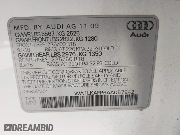 2010 Audi Q5 Premium Plus with VIN WA1LKAFP6AA057942, listed as a IAAI auction lot 42208245 with 133,064 mi miles and . Bid and sale history available at DreamBid. Image 9.