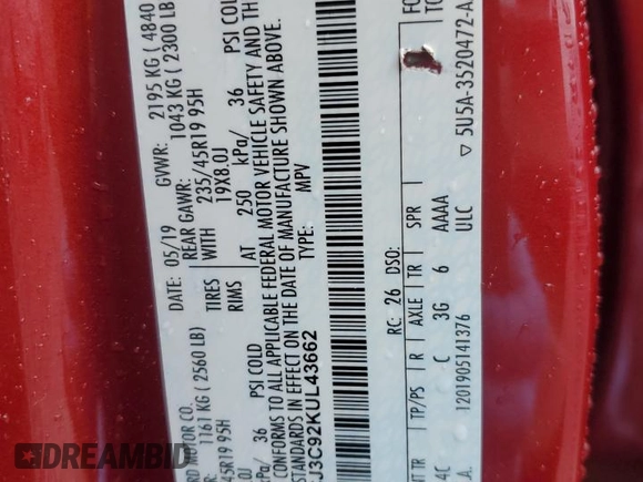 2019 Lincoln MKC Reserve with VIN 5LMCJ3C92KUL43662, listed as a Copart auction lot 52933255 with 31,076 mi miles and Salvage Title. Bid and sale history available at DreamBid. Image 13.