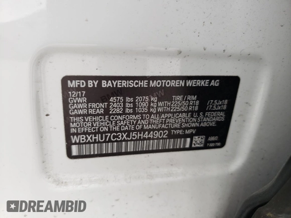 2018 BMW X1 sDrive28i with VIN WBXHU7C3XJ5H44902, listed as a Copart auction lot 46373033 with 49,520 mi miles and . Bid and sale history available at DreamBid. Image 14.