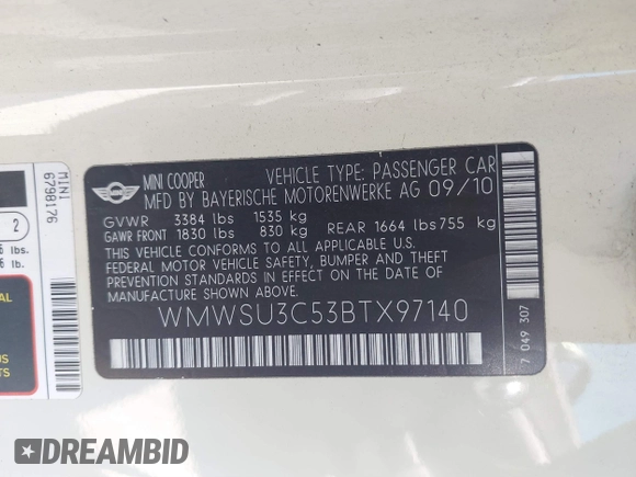 2011 MINI Hardtop with VIN WMWSU3C53BTX97140, listed as a IAAI auction lot 41861648 with 111,899 mi miles and . Bid and sale history available at DreamBid. Image 9.