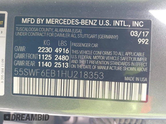 2017 Mercedes-Benz C 43 AMG with VIN 55SWF6EB1HU218353, listed as a IAAI auction lot 37198246 with 48,728 mi miles and . Bid and sale history available at DreamBid. Image 9.