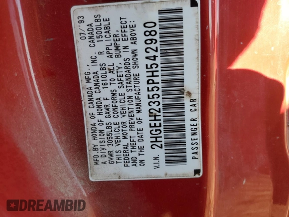 1993 Honda Civic CX with VIN 2HGEH2355PH542980, listed as a Copart auction lot 76941494 with 203,173 mi miles and Salvage Title. Bid and sale history available at DreamBid. Image 12.