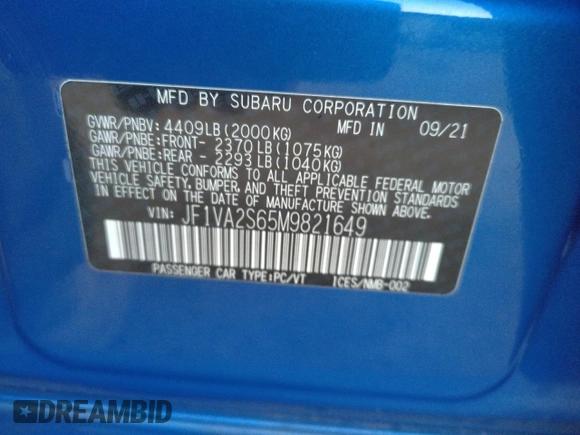 2021 Subaru WRX STI with VIN JF1VA2S65M9821649, listed as a Copart auction lot 35917823 with 14,842 mi miles. Bid and sale history available at carsss.com. Image 12.
