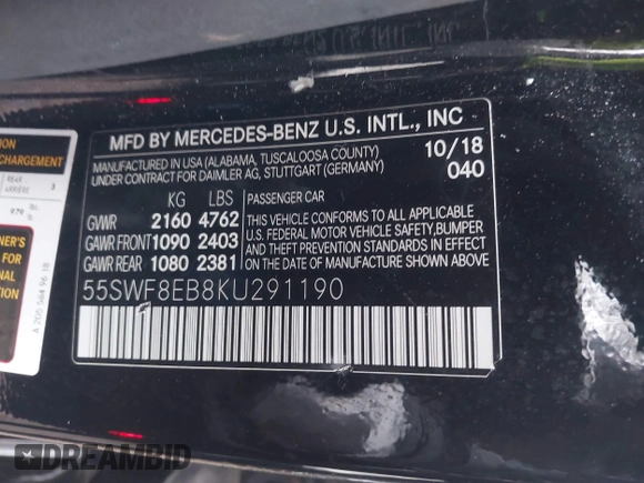 2019 Mercedes-Benz C 300 with VIN 55SWF8EB8KU291190, listed as a IAAI auction lot 41900184 with 48,541 mi miles and . Bid and sale history available at DreamBid. Image 9.