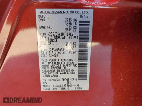 2017 Nissan Pathfinder Platinum with VIN 5N1DR2MN5HC908474, listed as a Copart auction lot 75912174 with 87,459 mi miles and Salvage Title. Bid and sale history available at carsss.com. Image 14.