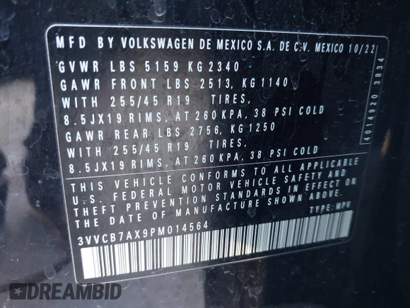 2023 Volkswagen Tiguan SE R-Line Black с VIN 3VVCB7AX9PM014564, выставлен на аукционе IAAI как лот 41993740 с пробегом Не указан миль и . История ставок и продаж доступна на DreamBid. Изображение 9.