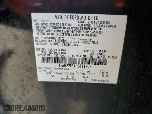 2017 Ford Taurus Limited with VIN 1FAHP2F84HG111702, listed as a Copart auction lot 54694325 with 114,533 mi miles and Salvage Title. Bid and sale history available at DreamBid. Image 13.