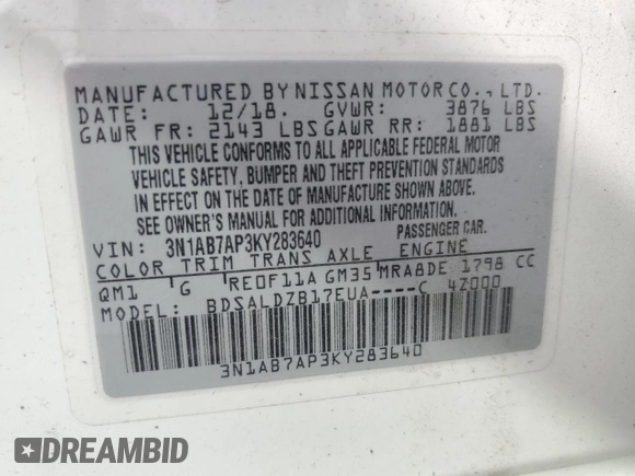 2019 Nissan Sentra S with VIN 3N1AB7AP3KY283640, listed as a Copart auction lot 53788075 with 99,106 mi miles and Non repairable. Bid and sale history available at DreamBid. Image 12.