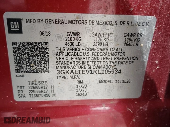 2019 GMC Terrain SLE z VIN 3GKALTEV1KL105934, wystawiony jako Copart lot #56172975 z przebiegiem 88 564 mil mil oraz Szkoda całkowita • Salvage title. Historia ofert i sprzedaży dostępna na DreamBid. Obrazek 13.