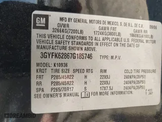 2007 Cadillac Escalade EXT with VIN 3GYFK62867G185746, listed as a IAAI auction lot 41855526 with 320,458 mi miles. Bid and sale history available at carsss.com. Image 9.