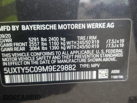 2021 BMW X3 xDrive30i with VIN 5UXTY5C09M9E29882, listed as a Copart auction lot 51461695 with 43,807 mi miles and Salvage Title. Bid and sale history available at DreamBid. Image 14.