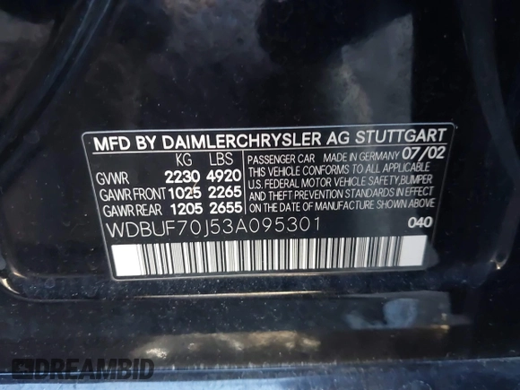 2003 Mercedes-Benz E 500 with VIN WDBUF70J53A095301, listed as a IAAI auction lot 41562876 with 184,517 mi miles and . Bid and sale history available at DreamBid. Image 9.