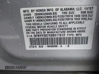 2008 Honda Pilot EX-L with VIN 5FNYF287X8B017612, listed as a IAAI auction lot 41491138 with 315,287 mi miles and . Bid and sale history available at DreamBid. Image 9.