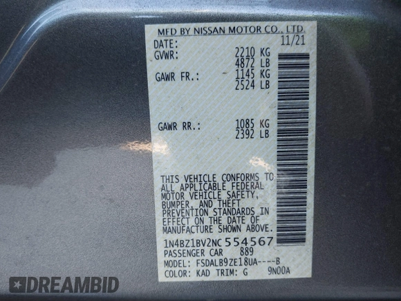 2022 Nissan LEAF S Plus with VIN 1N4BZ1BV2NC554567, listed as a IAAI auction lot 41281401 with 50,684 mi miles and . Bid and sale history available at DreamBid. Image 9.