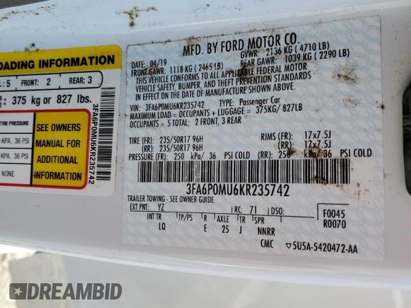 2019 Ford Fusion SEL with VIN 3FA6P0MU6KR235742, listed as a Copart auction lot 46044323 with 61,172 mi miles and . Bid and sale history available at DreamBid. Image 14.