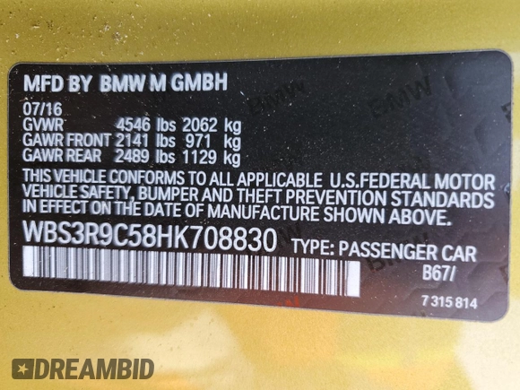 2017 BMW M4 with VIN WBS3R9C58HK708830, listed as a Copart auction lot 66844954 with 82,334 mi miles and Salvage Title. Bid and sale history available at carsss.com. Image 13.