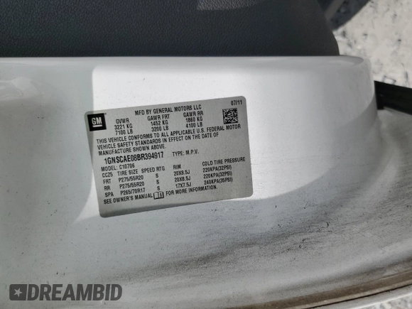 2011 Chevrolet Tahoe LS with VIN 1GNSCAE08BR394917, listed as a Copart auction lot 60470395 with 143,824 mi miles and Salvage title. Bid and sale history available at DreamBid. Image 13.