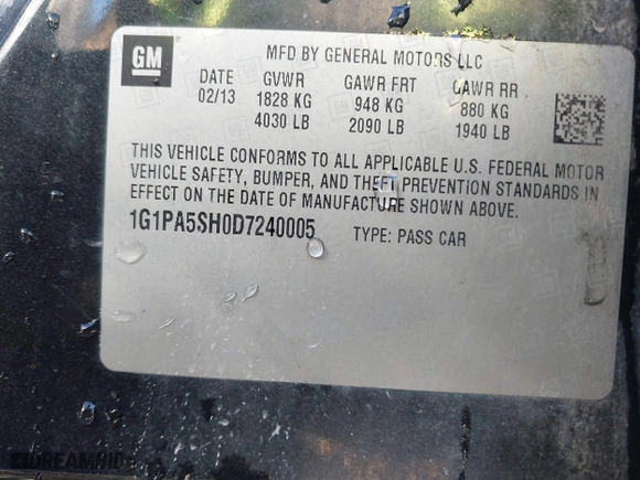 2013 Chevrolet Cruze LS with VIN 1G1PA5SH0D7240005, listed as a IAAI auction lot 41418699 with 132,556 mi miles. Bid and sale history available at carsss.com. Image 9.
