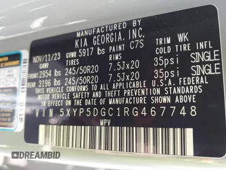 2024 Kia Telluride SX Prestige X-Pro with VIN 5XYP5DGC1RG467748, listed as a IAAI auction lot 42613478 with 21,129 mi miles and . Bid and sale history available at DreamBid. Image 9.