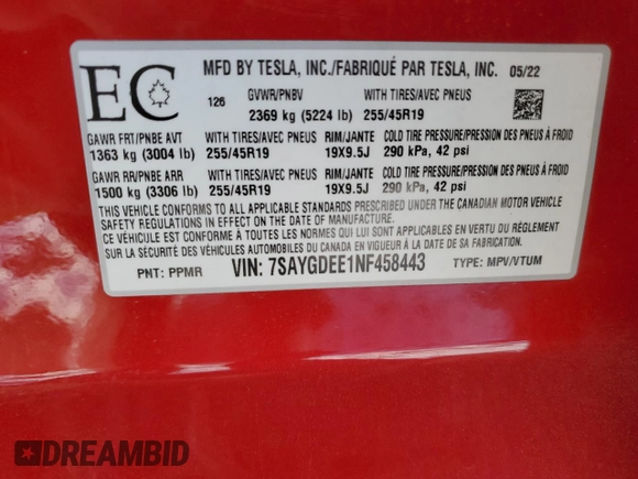 2022 Tesla Model Y Long Range with VIN 7SAYGDEE1NF458443, listed as a Copart auction lot 46497265 with 59,721 mi miles and Salvage Title. Bid and sale history available at carsss.com. Image 12.