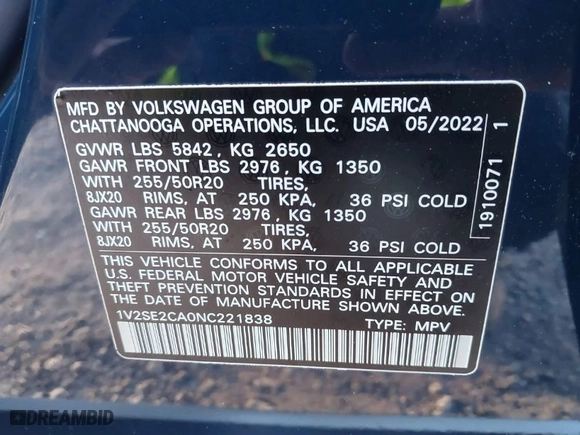 2022 Volkswagen Atlas Cross Sport 3.6L V6 SEL R-Line with VIN 1V2SE2CA0NC221838, listed as a IAAI auction lot 40605951 with 25,849 mi miles. Bid and sale history available at carsss.com. Image 9.