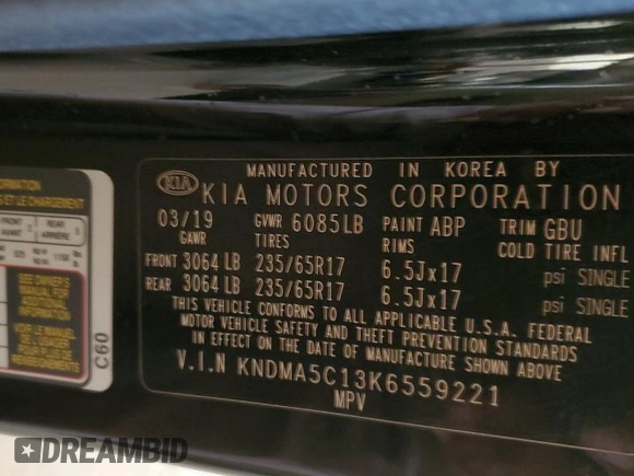 2019 Kia Sedona L with VIN KNDMA5C13K6559221, listed as a Copart auction lot 85486564 with 130,248 mi miles and Salvage Title. Bid and sale history available at carsss.com. Image 15.