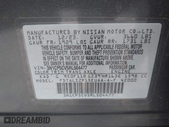 2024 Nissan Kicks SV with VIN 3N1CP5CV5RL504477, listed as a IAAI auction lot 41809238 with 13,414 mi miles and . Bid and sale history available at DreamBid. Image 9.