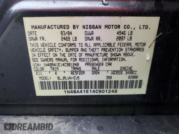 2004 Nissan Maxima SE with VIN 1N4BA41E14C901248, listed as a Copart auction lot 52100375 with 124,473 mi miles and Salvage Title. Bid and sale history available at DreamBid. Image 15.