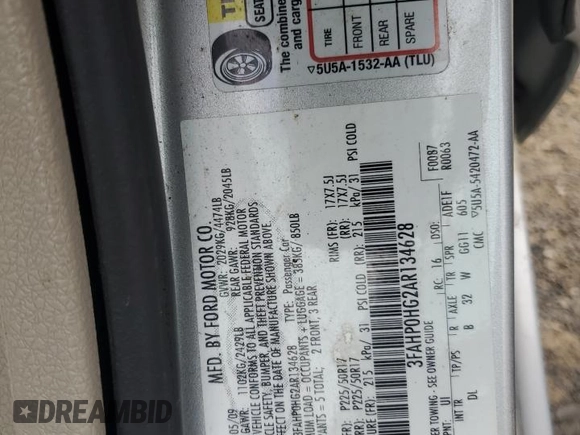 2010 Ford Fusion SE with VIN 3FAHP0HG2AR134628, listed as a Copart auction lot 50728075 with Not Provided miles and Non Repairable. Bid and sale history available at DreamBid. Image 13.