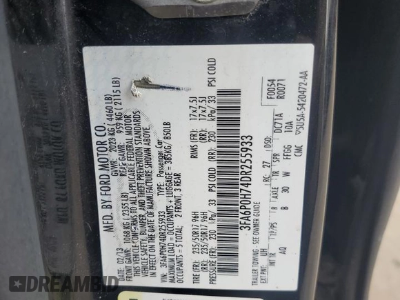 2013 Ford Fusion SE z VIN 3FA6P0H74DR255933, wystawiony jako Copart lot #59964485 z przebiegiem Nie podano mil oraz Czysty tytuł • Clean title. Historia ofert i sprzedaży dostępna na DreamBid. Obrazek 12.