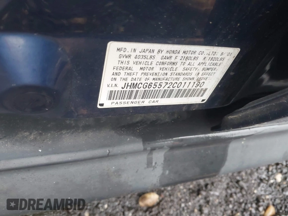 2002 Honda Accord with VIN JHMCG65572C011190, listed as a IAAI auction lot 42382503 with Not provided miles and . Bid and sale history available at DreamBid. Image 9.